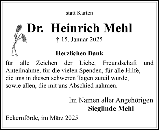 Traueranzeige von Heinrich Mehl von Eckernförder Zeitung, Hallo Eckernförde