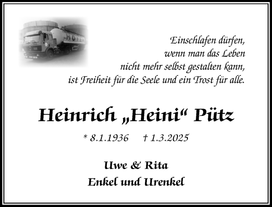 Traueranzeige von Heinrich Pütz von MARKT Ratzeburg/Mölln