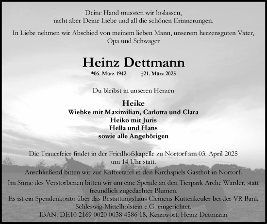 Traueranzeige von Heinz Dettmann von Schleswig-Holsteinische Landeszeitung