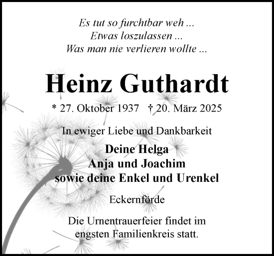 Traueranzeige von Heinz Guthardt von Eckernförder Zeitung, Hallo Eckernförde