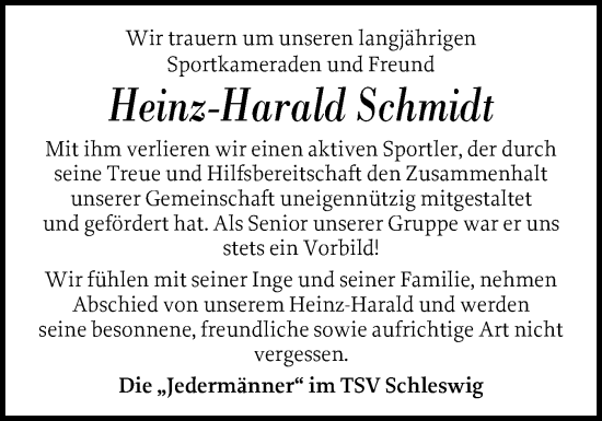 Traueranzeige von Heinz-Harald Schmidt von Schleswiger Nachrichten, Schlei-Bote