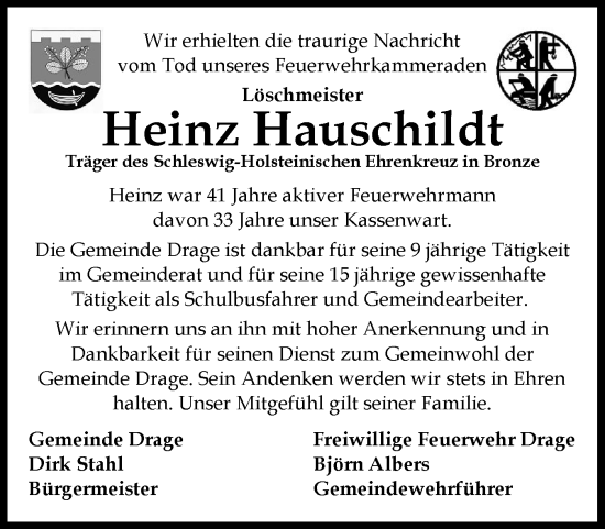 Traueranzeige von Heinz Hauschildt von Norddeutsche Rundschau, Wilstersche Zeitung, Glückstädter Fortuna