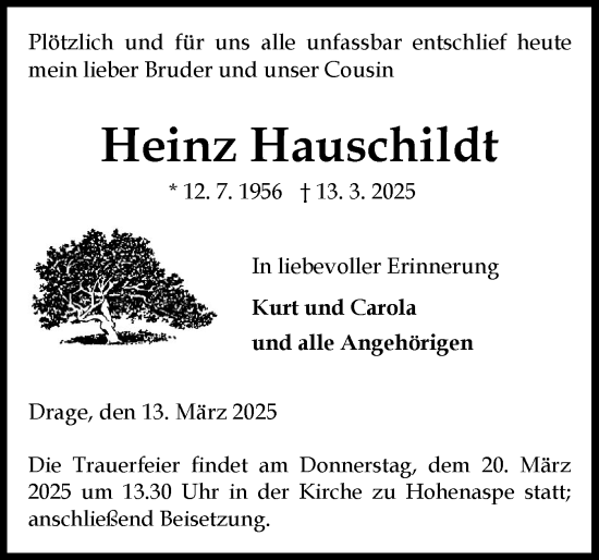 Traueranzeige von Heinz Hauschildt von Norddeutsche Rundschau, Wilstersche Zeitung, Glückstädter Fortuna