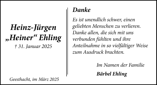 Traueranzeige von Heinz-Jürgen Ehling von Wochenend Anzeiger