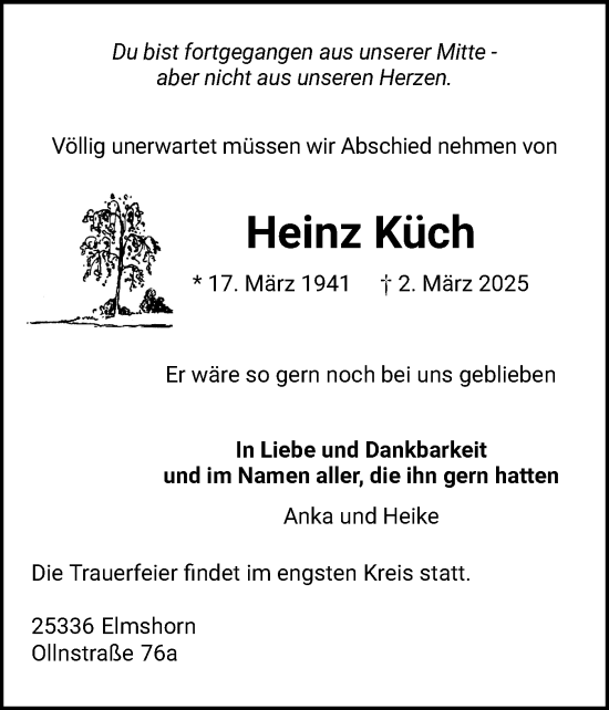 Traueranzeige von Heinz Küch von Elmshorner Nachrichten, Barmstedter Zeitung