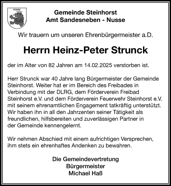 Traueranzeige von Heinz-Peter Strunck von MARKT Ahrensburg/Bargteheide/Trittau und Stormarner Tageblatt