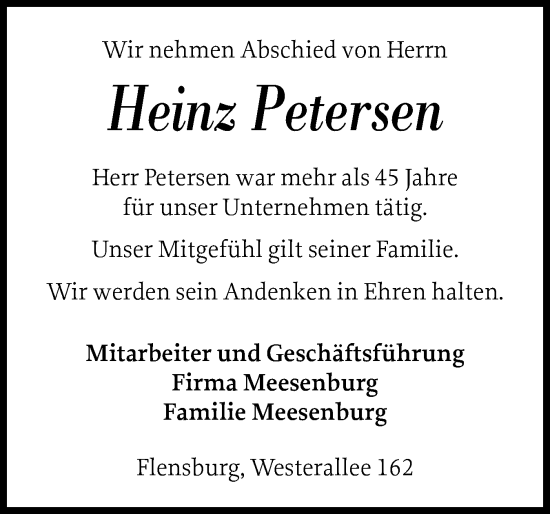 Traueranzeige von Heinz Petersen von Flensburger Tageblatt