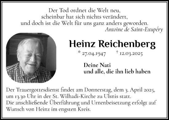 Traueranzeige von Heinz Reichenberg von Schleswiger Nachrichten, Schlei-Bote