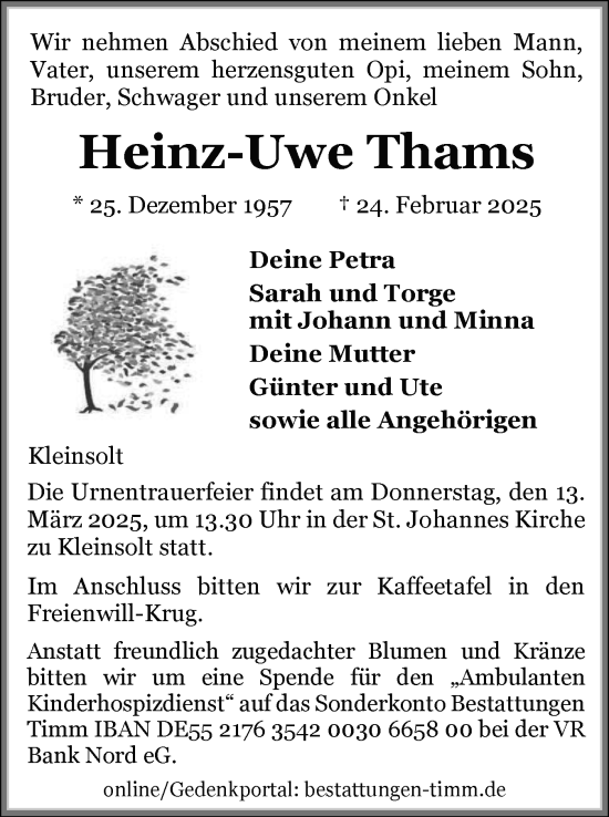 Traueranzeige von Heinz-Uwe Thams von Flensburger Tageblatt