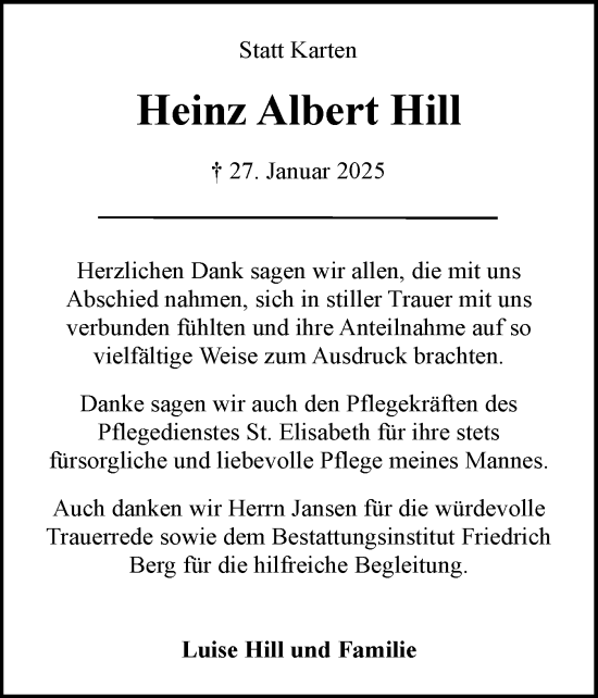 Traueranzeige von Heinz Albert Hill von Flensburger Tageblatt