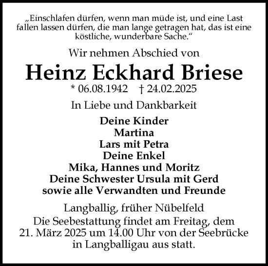 Traueranzeige von Heinz Eckhard Briese von Flensburger Tageblatt