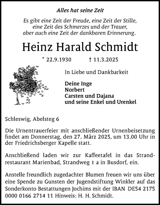 Traueranzeige von Heinz Harald Schmidt von Schleswiger Nachrichten, Schlei-Bote