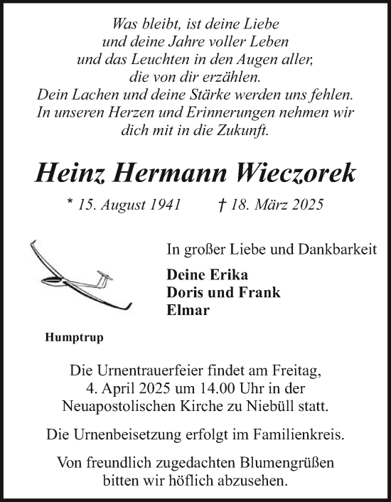 Traueranzeige von Heinz Hermann Wieczorek von Husumer Nachrichten, Nordfriesland Tageblatt