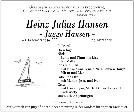 Traueranzeige von Heinz Julius Hansen von Husumer Nachrichten, Nordfriesland Tageblatt