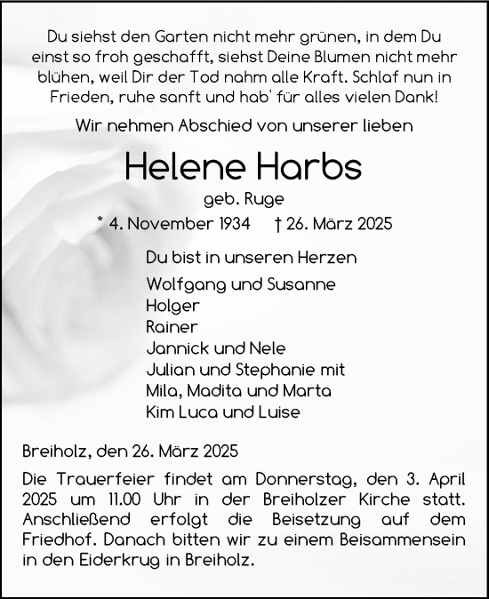 Traueranzeige von Helene Harbs von Schleswig-Holsteinische Landeszeitung
