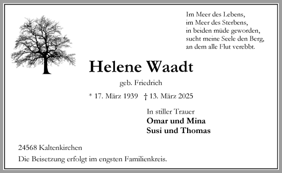 Traueranzeige von Helene Waadt von Umschau