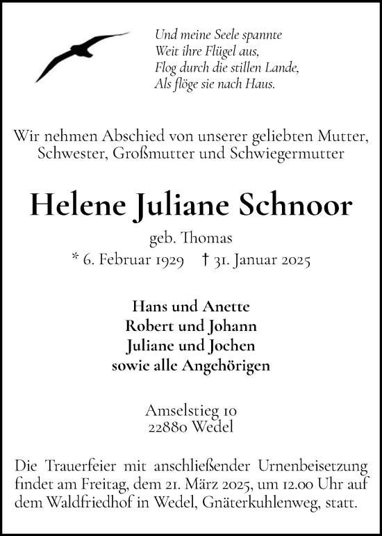 Traueranzeige von Helene Juliane Schnoor von Wedel-Schulauer Tageblatt, tip Wedel-Schulauer Tageblatt, tip Rissener Rundschau