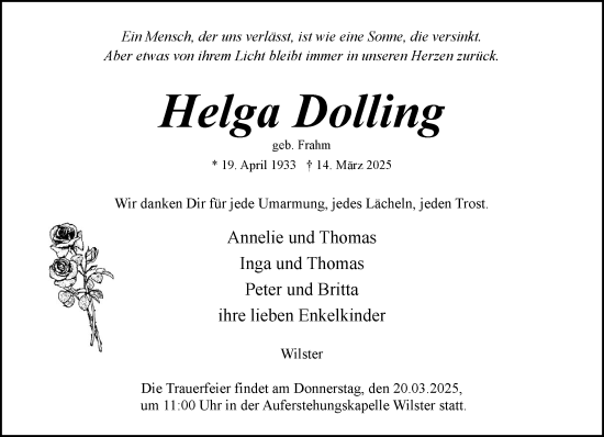 Traueranzeige von Helga Dolling von Norddeutsche Rundschau, Wilstersche Zeitung, Glückstädter Fortuna