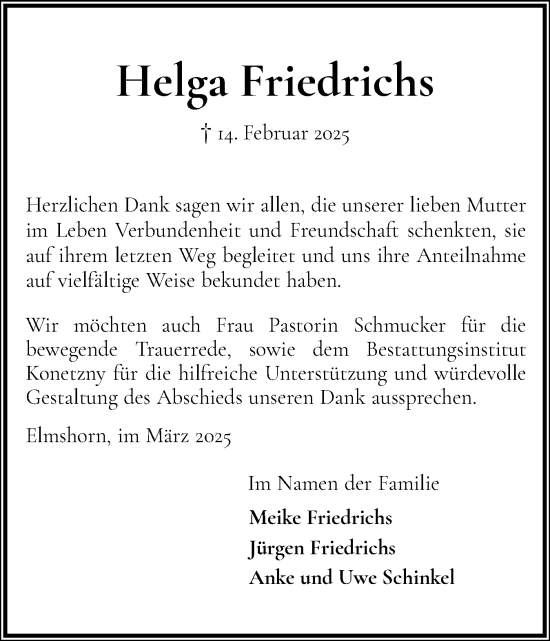 Traueranzeige von Helga Friedrichs von Elmshorner Nachrichten, Barmstedter Zeitung
