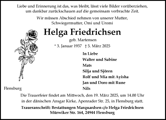 Traueranzeige von Helga Friedrichsen von Flensburger Tageblatt