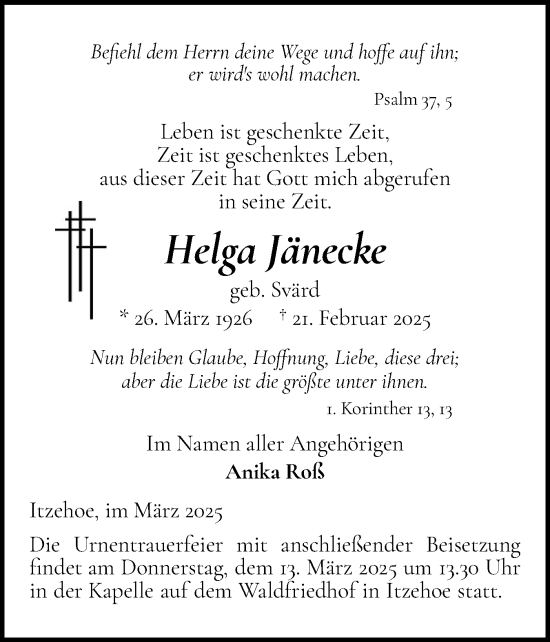 Traueranzeige von Helga Jänecke von Norddeutsche Rundschau, Wilstersche Zeitung, Glückstädter Fortuna