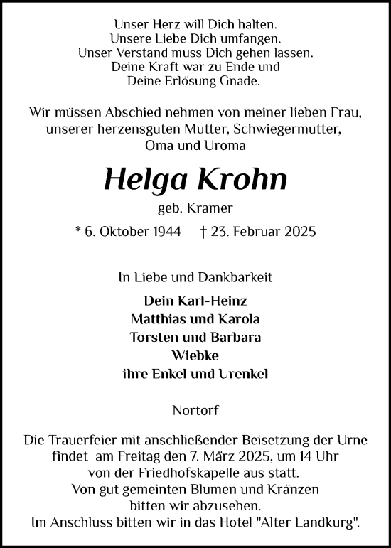 Traueranzeige von Helga Krohn von Schleswig-Holsteinische Landeszeitung