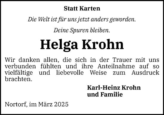 Traueranzeige von Helga Krohn von Schleswig-Holsteinische Landeszeitung