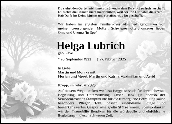 Traueranzeige von Helga Lubrich von Schleswiger Nachrichten, Schlei-Bote