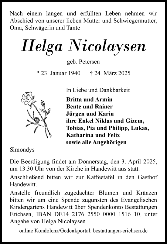 Traueranzeige von Helga Nicolaysen von Flensburger Tageblatt