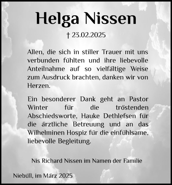 Traueranzeige von Helga Nissen von Husumer Nachrichten, Nordfriesland Tageblatt