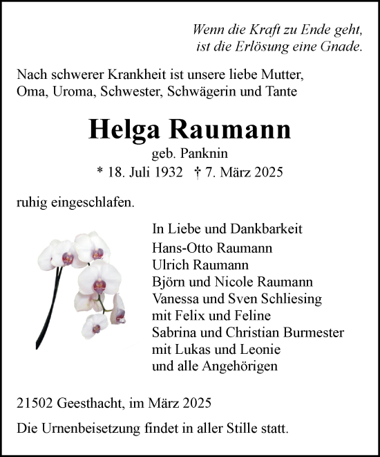 Traueranzeige von Helga Raumann von Wochenend Anzeiger