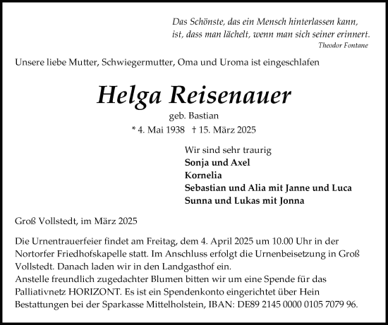 Traueranzeige von Helga Reisenauer von Schleswig-Holsteinische Landeszeitung