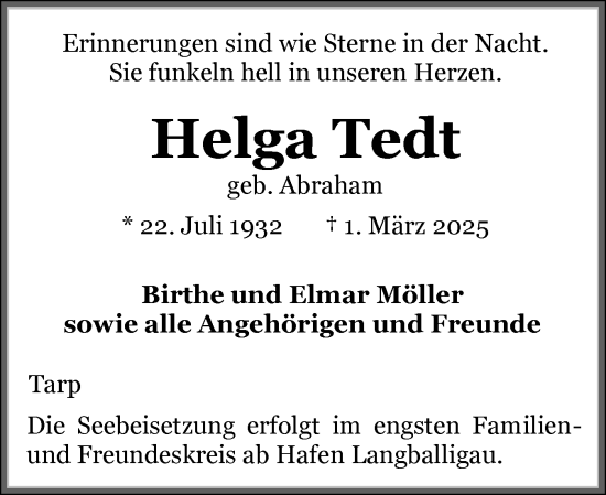 Traueranzeige von Helga Tedt von Flensburger Tageblatt