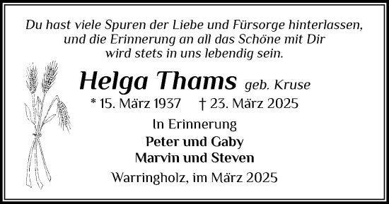 Traueranzeige von Helga Thams von Norddeutsche Rundschau, Wilstersche Zeitung, Glückstädter Fortuna