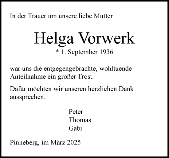 Traueranzeige von Helga Vorwerk von Region Pinneberg und tip Pinneberg