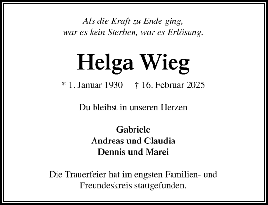 Traueranzeige von Helga Wieg von MARKT Glinde/Reinfeld