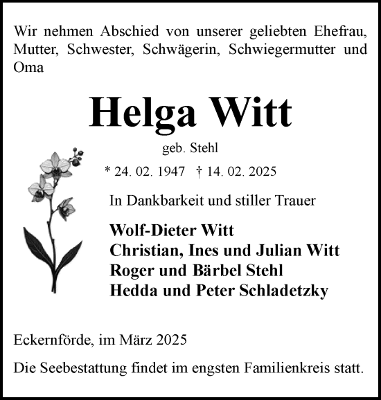 Traueranzeige von Helga Witt von Eckernförder Zeitung, Hallo Eckernförde