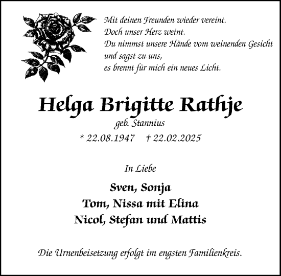 Traueranzeige von Helga Brigitte Rathje von Wochenend Anzeiger