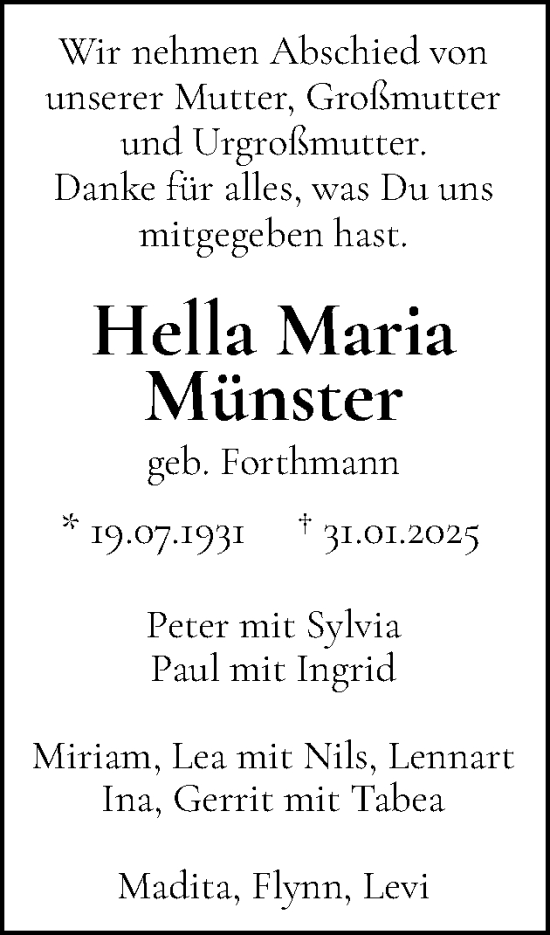 Traueranzeige von Hella Maria Münster von Elmshorner Nachrichten, Barmstedter Zeitung
