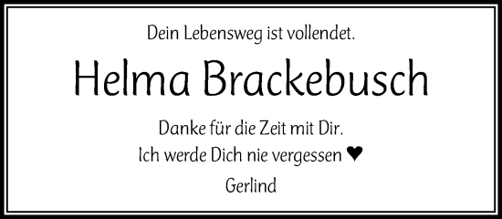Traueranzeige von Helma Brackebusch von MARKT Ratzeburg/Mölln