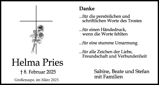 Traueranzeige von Helma Pries von Holsteinischer Courier