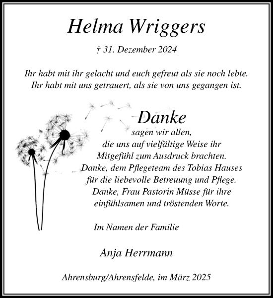 Traueranzeige von Helma Wriggers von MARKT Ahrensburg/Bargteheide/Trittau und Stormarner Tageblatt