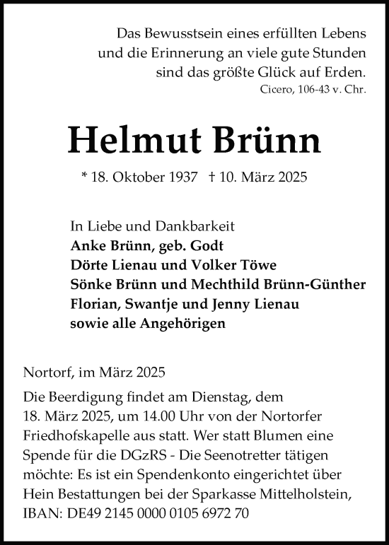 Traueranzeige von Helmut Brünn von Schleswig-Holsteinische Landeszeitung