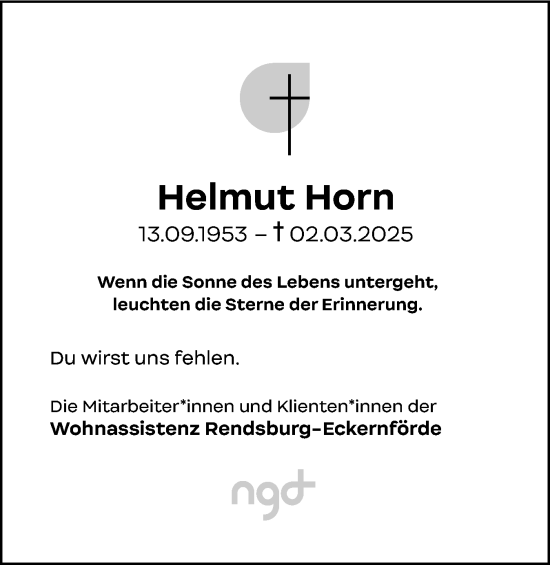 Traueranzeige von Helmut Horn von Schleswig-Holsteinische Landeszeitung