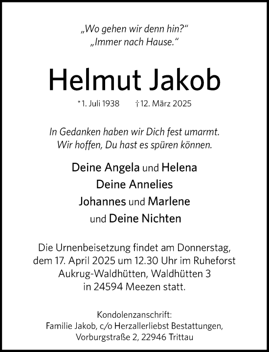 Traueranzeige von Helmut Jakob von MARKT Ahrensburg/Bargteheide/Trittau und Stormarner Tageblatt