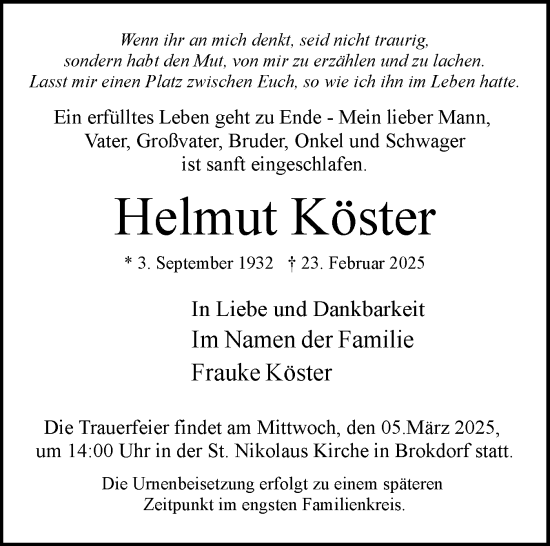 Traueranzeige von Helmut Köster von Norddeutsche Rundschau, Wilstersche Zeitung, Glückstädter Fortuna