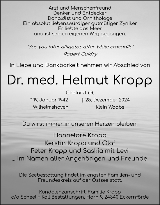 Traueranzeige von Helmut Kropp von Schleswiger Nachrichten, Schlei-Bote, Eckernförder Zeitung