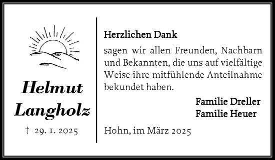 Traueranzeige von Helmut Langholz von Schleswig-Holsteinische Landeszeitung
