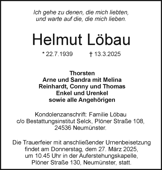 Traueranzeige von Helmut Löbau von Holsteinischer Courier