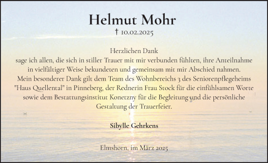 Traueranzeige von Helmut Mohr von Elmshorner Nachrichten, Barmstedter Zeitung